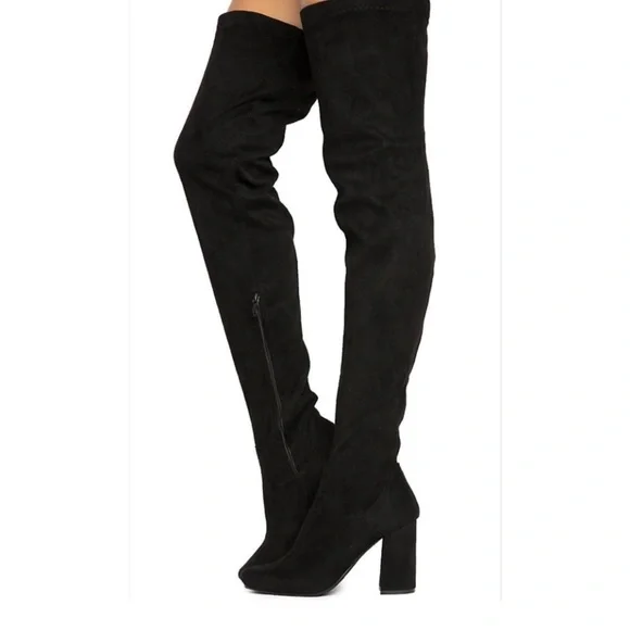 NEW Black Suede Over the Knee Heeled Boots - Picture 6 of 9